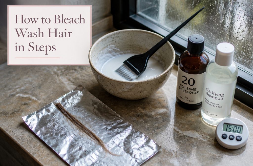 Small hair strand coated with bleach on foil beside a timer, comb and bowl