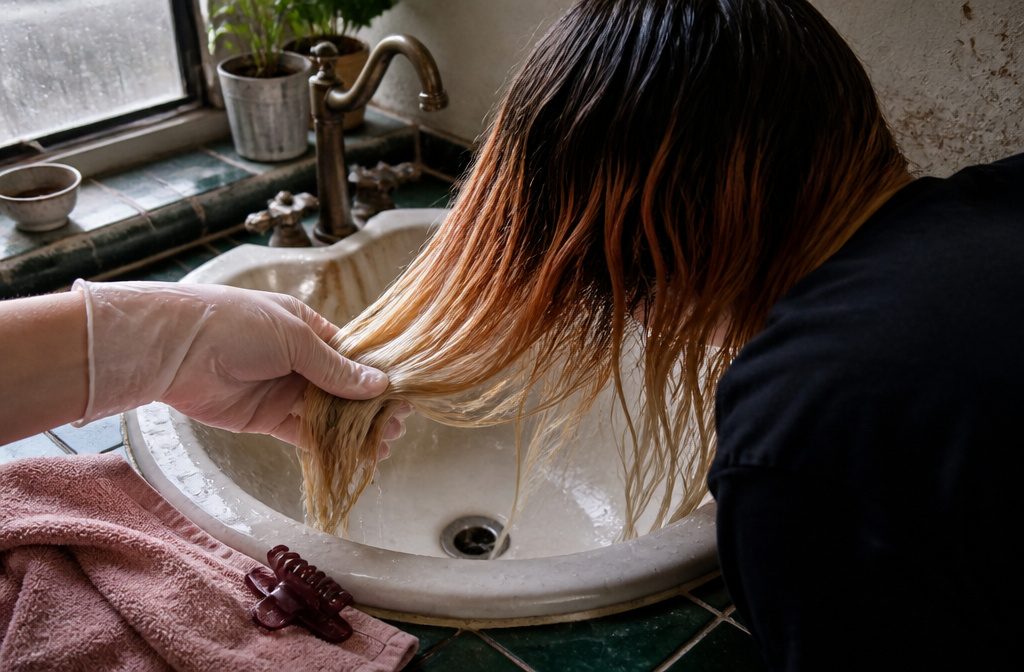 Woman applying toner at the roots with lighter ends left separate