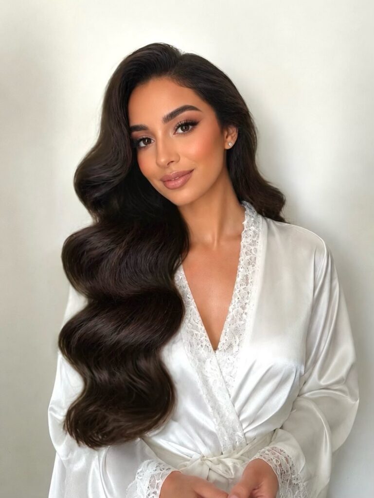 Bride with long dark hair styled in glossy waves over one shoulder