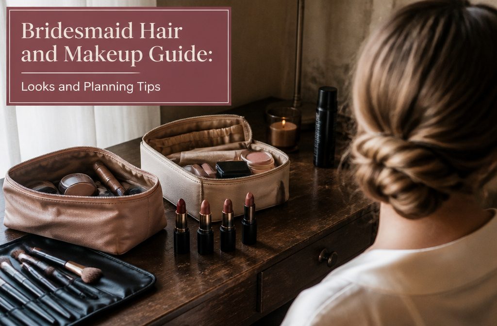 Bride and bridesmaids getting ready together in a wedding room