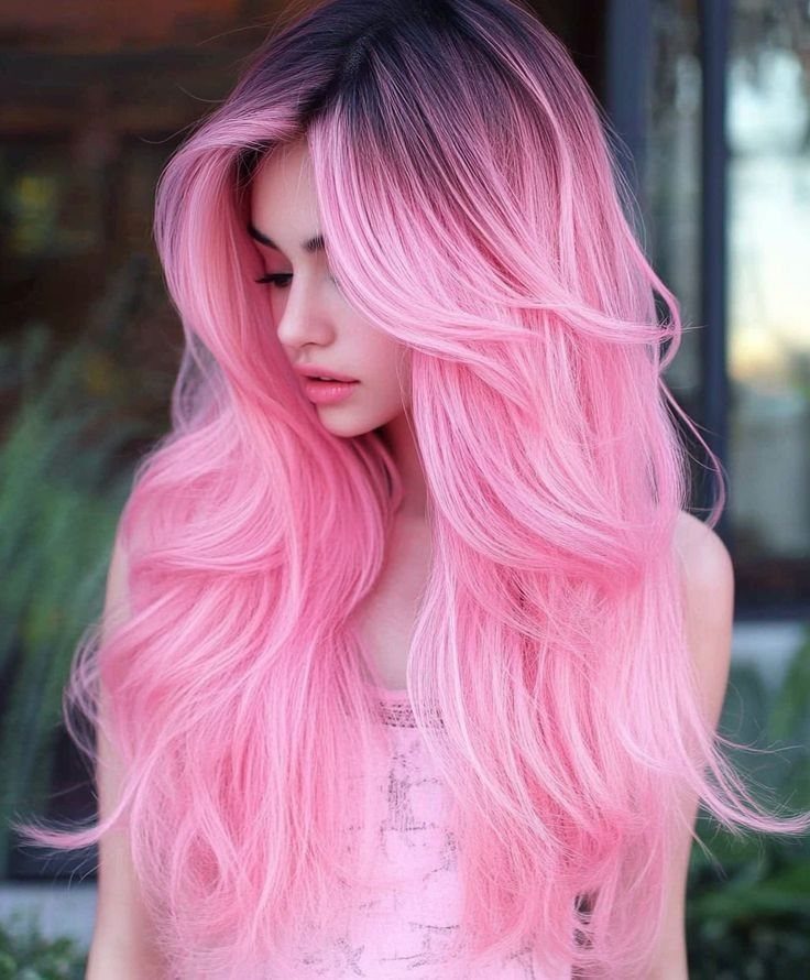 Woman with long, wavy pastel pink hair and dark roots looking down