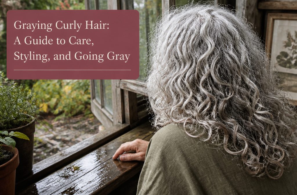 Woman with silver curly hair showing natural gray roots and defined curls