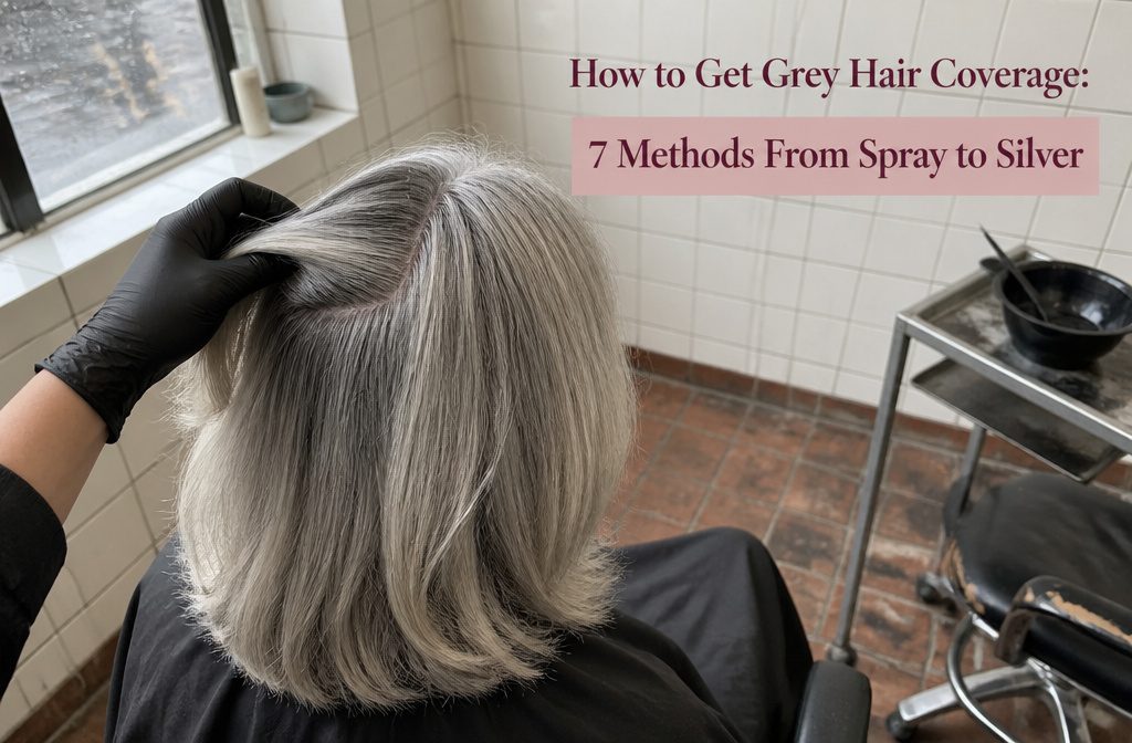 Gray-haired model beside sprays powders color products and silver hair swatches