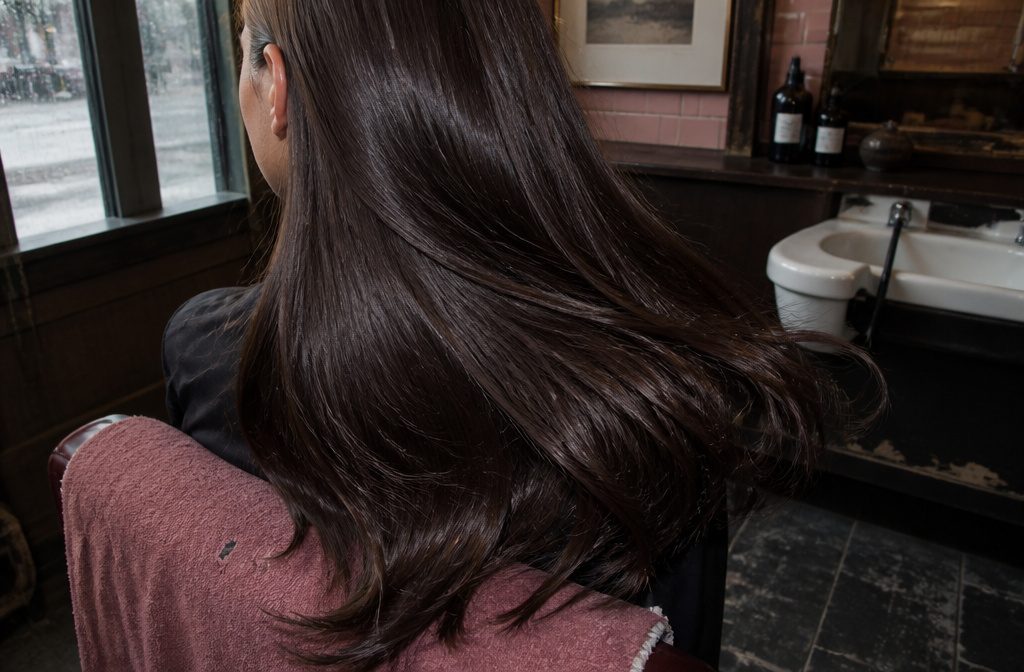Hailey Bieber with deep espresso-brown hair and a glossy finish