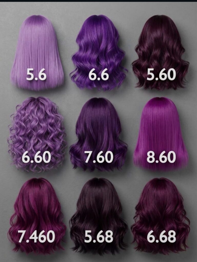 Hair color chart showing nine purple and burgundy shades with numeric labels