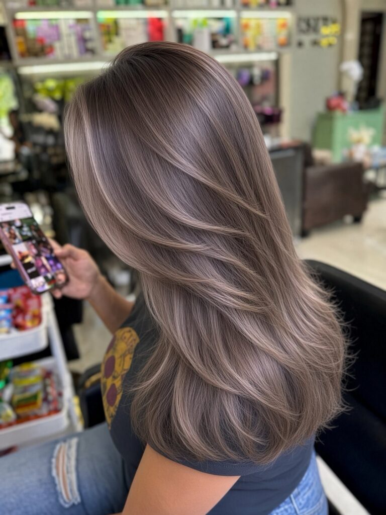 Long layered cool silvery light brown hair styled in a salon