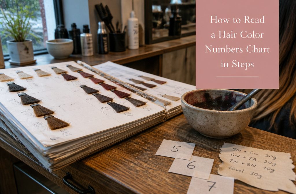 Hair color chart with numbered swatches ranging from dark brown to light blonde