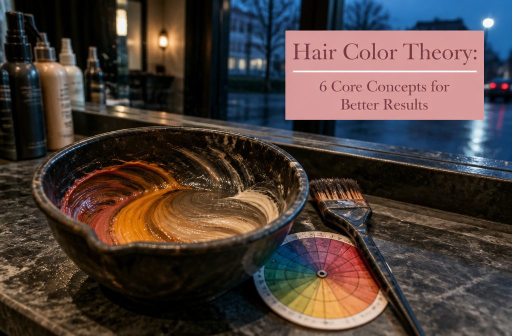 Hair color supplies beside a written formula and a small strand test