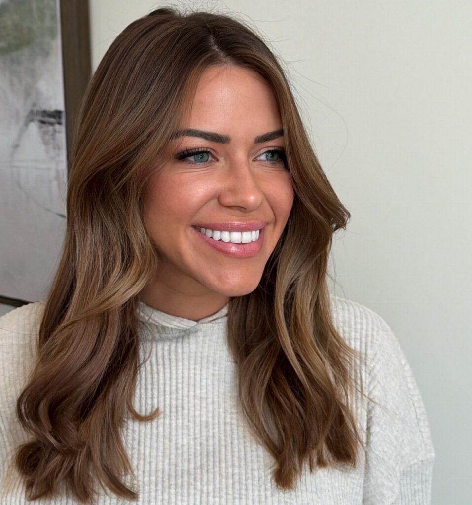 Woman with long wavy brown hair and warm caramel highlights wearing a white sweater