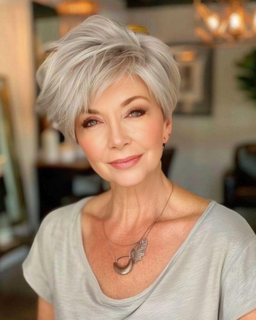 Mature woman with a short layered silver pixie haircut in a salon
