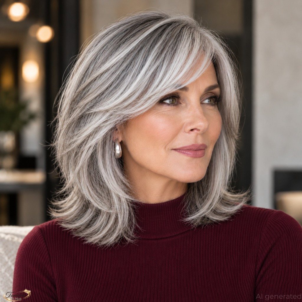 Woman with layered silver hair and side-swept bangs wearing a burgundy turtleneck