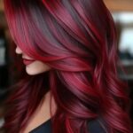 Woman showing long, layered burgundy hair with vivid red highlights