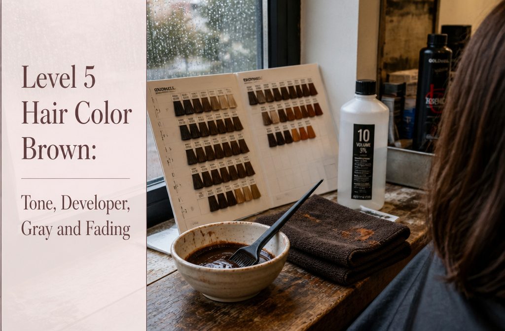 Level 5 brown hair color swatches beside an open shade chart and dye boxes