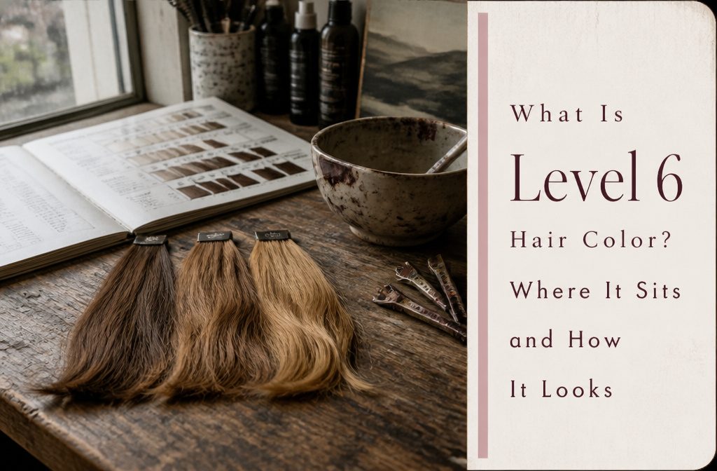 Hair color level chart with brown and blonde swatches arranged from dark to light