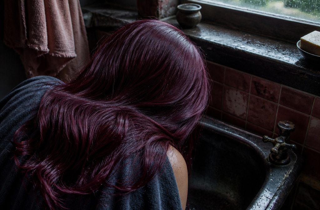 Merlot-colored hair with red and purple tones visible in changing light