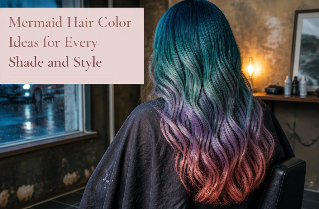 Long wavy hair colored in blended blue and green mermaid shades