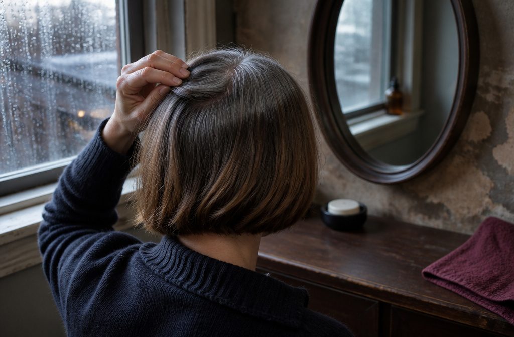Woman's natural part with silver strands growing beside dark brown hair