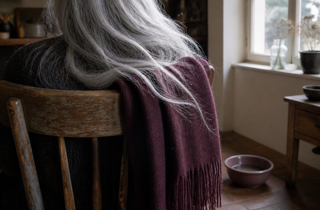 Woman seen from behind with dark ash and white hair in a salon chair