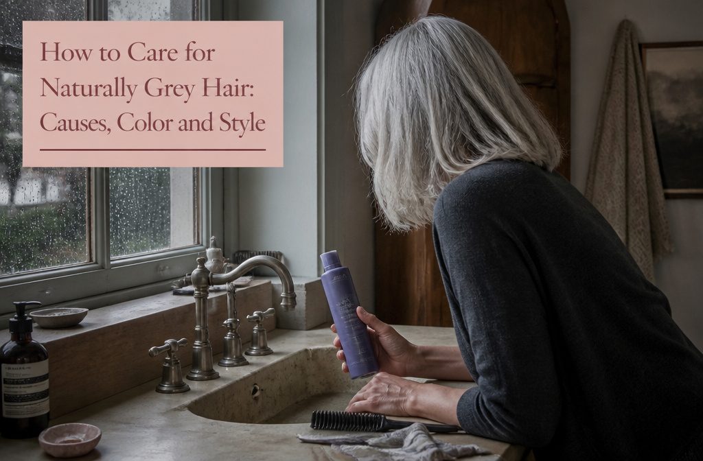 Woman with naturally gray hair showing silver strands around her face