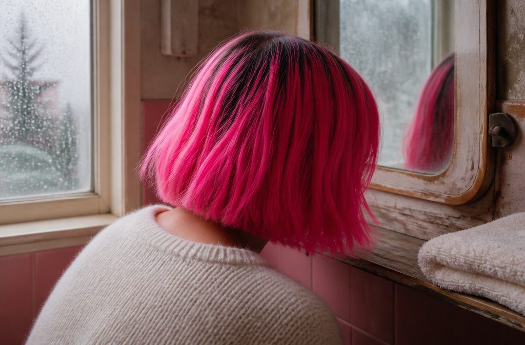 Neon pink hair against a dark backdrop with the color filling the frame