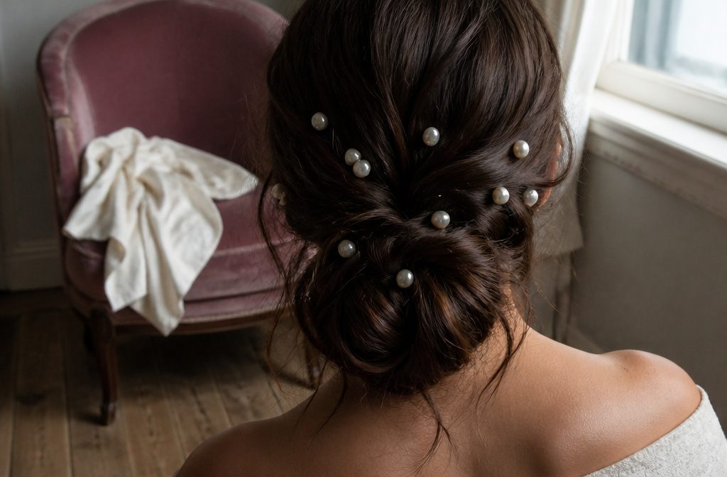 Bride with a low ponytail lined with small pearls