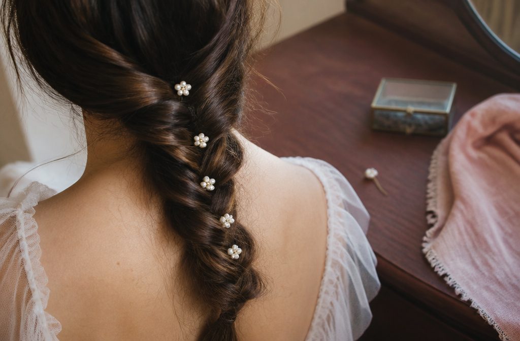 Pearl hair accessories arranged in a bridal hairstyle with pins and a decorative clip