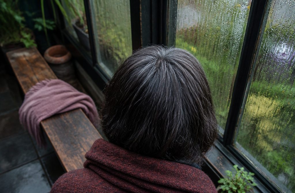 Gray hair framing a face with darker strands still visible