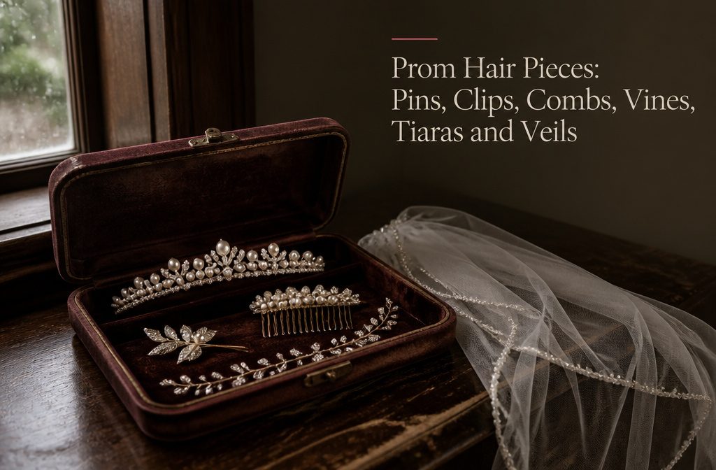 Prom hair pieces arranged to show pins clips combs vines tiaras and veils