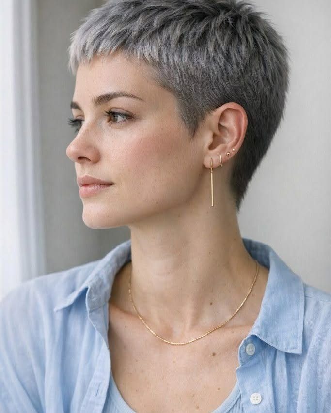 Woman with textured short silver-gray pixie haircut in profile