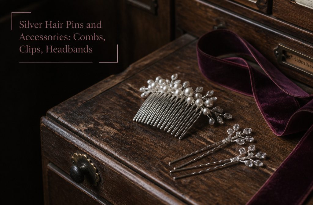 Silver bridal hair accessories with pearls crystals flowers leaves and decorative combs