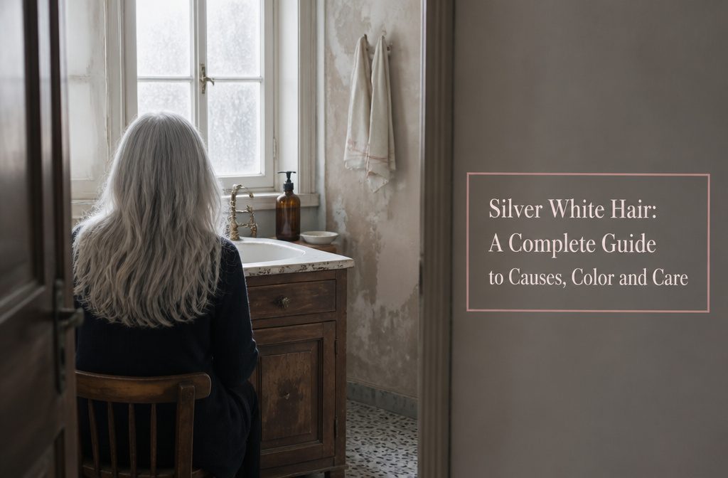 Long silver-white hair draped over one shoulder with fine and coarse strands
