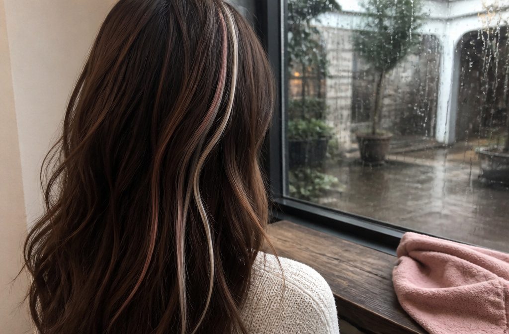 Dark hair with colorful streaks framing the face
