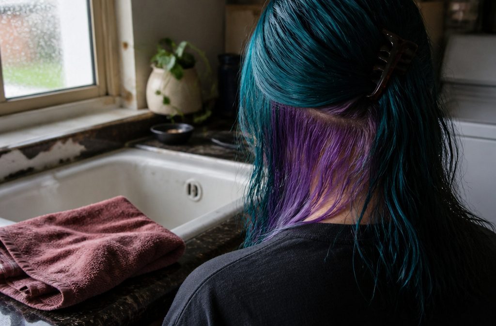 Teal and purple hair color arranged together in a photograph