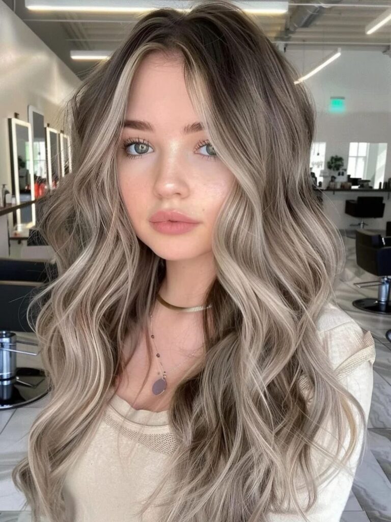 Woman displaying long wavy ash brown and beige blonde balayage hair in salon