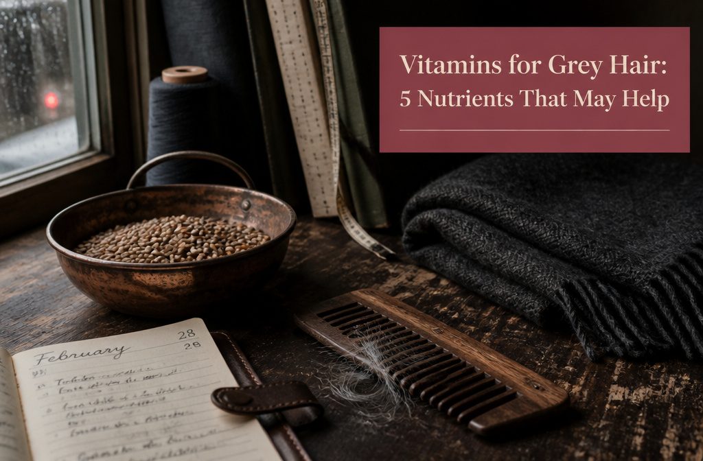 Dark and pale hair strands beside vitamins and vegetables on a light background