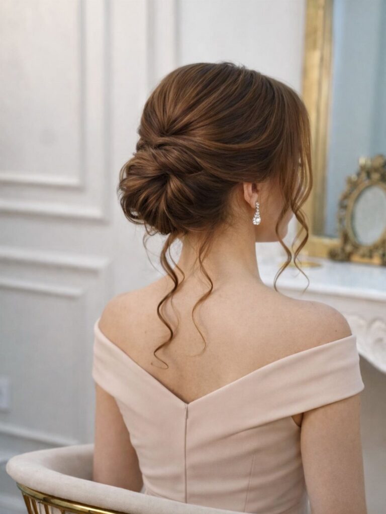 Woman displaying an elegant low updo with loose curls and dangling earrings
