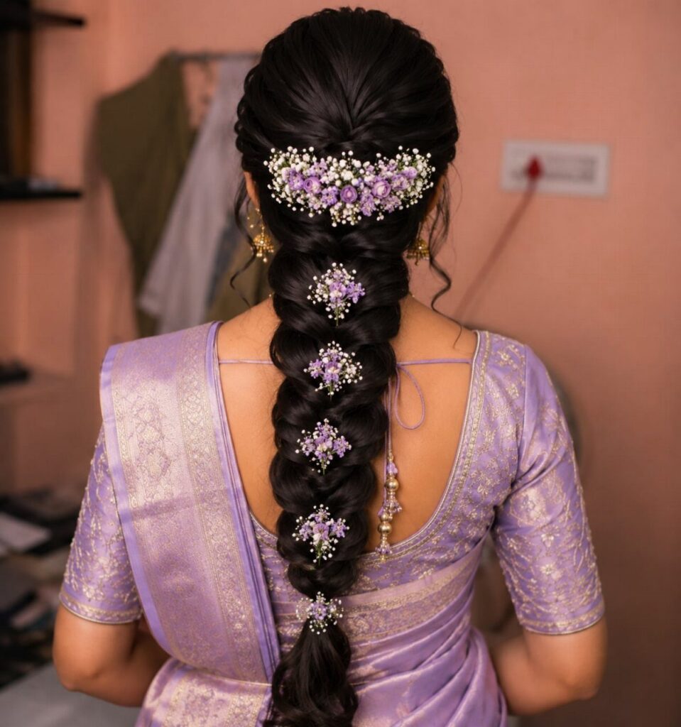 Long dark braid decorated with purple and white flowers on a woman in lavender