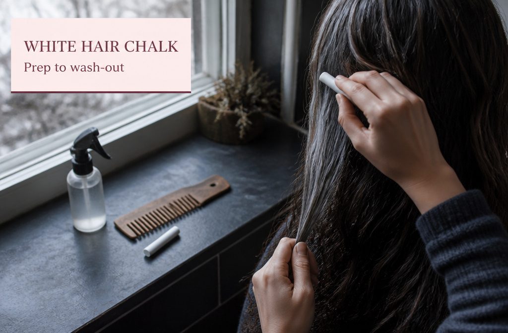 Long hair with a pale white chalk streak against a neutral background